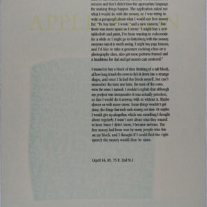 This broadside is long and vertically rectangular in size. It has a white colored background with the title in large, pale yellow letters that stretch horizontally across the broadside from left to right, behind the text. The text is formatted into two large paragraphs that are towards the right, in black font. There is a pale blue rectangle design also placed towards the bottom half of the broadside, behind the text. The pale blue rectangle is made up of letters, randomized ones in lower and upper case.