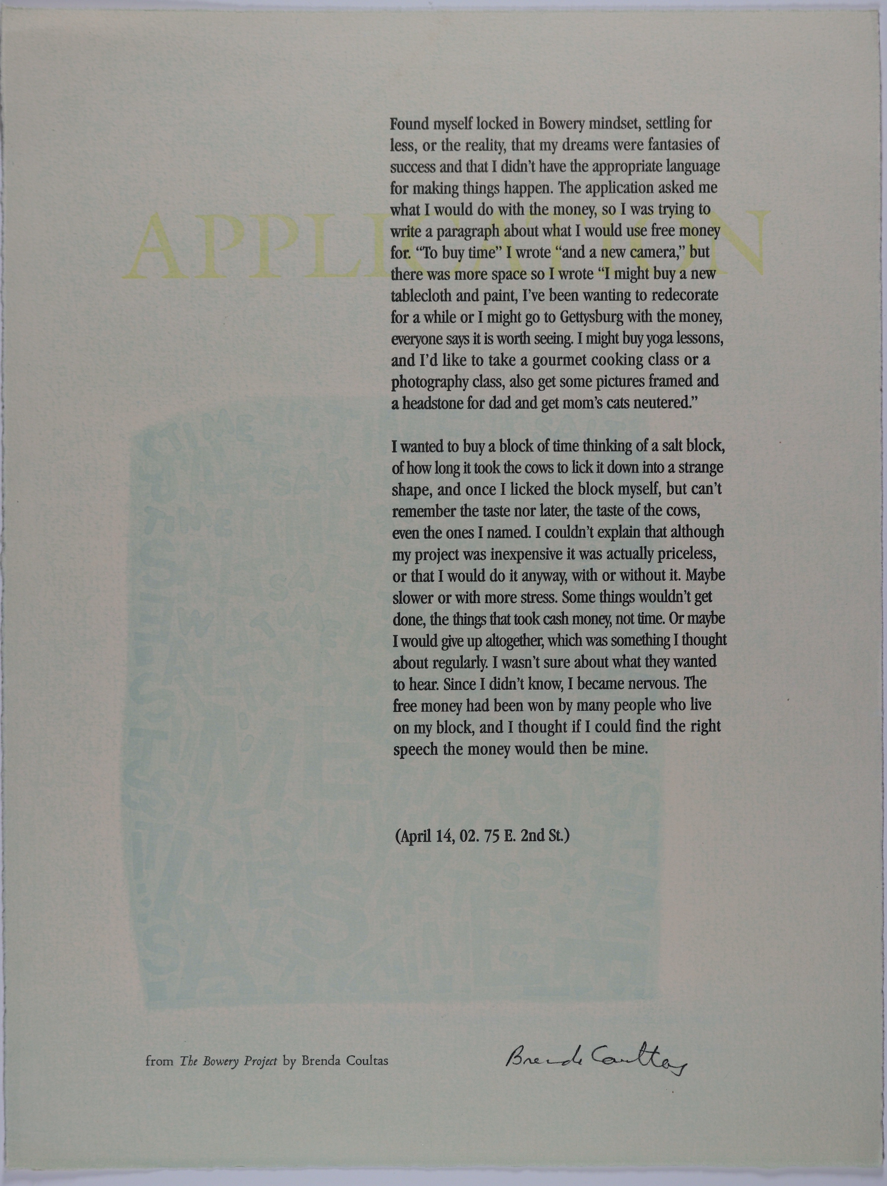 This broadside is long and vertically rectangular in size. It has a white colored background with the title in large, pale yellow letters that stretch horizontally across the broadside from left to right, behind the text. The text is formatted into two large paragraphs that are towards the right, in black font. There is a pale blue rectangle design also placed towards the bottom half of the broadside, behind the text. The pale blue rectangle is made up of letters, randomized ones in lower and upper case.