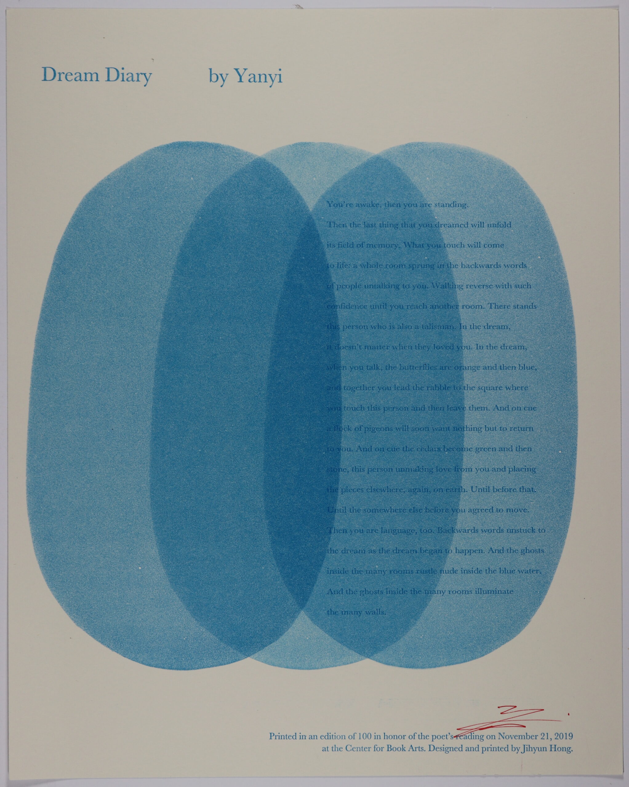 Broadside consists of a cream colored background with three large overlapping shades of blue in the form of ovals in the center of the broadside. Text is in a darker shade of blue, printed to the right side of the paper in one of the blue ovals. Title is towards the above left in a lighter shade of blue.
