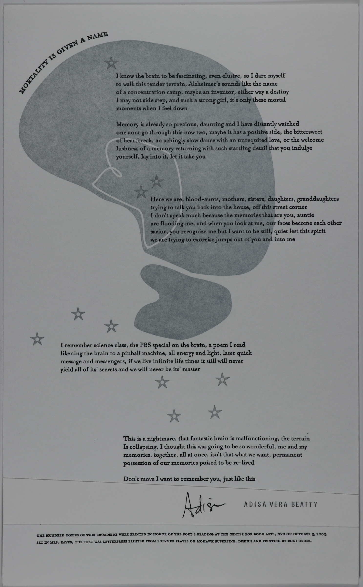 This broadside is long horizontally, with a white background and gray design behind the text. The design is drawn to look like a light bulb, hovering in the air with stars below it. The design is large in size and takes up a good portion of the broadside. There is a smaller white outline in the “bulb” that represents the interior of a lightbulb. The text itself is black in color, some of it covering over the design, while the rest follows to the bottom half of the broadside. The text is formatted into five paragraphs total on the broadside.