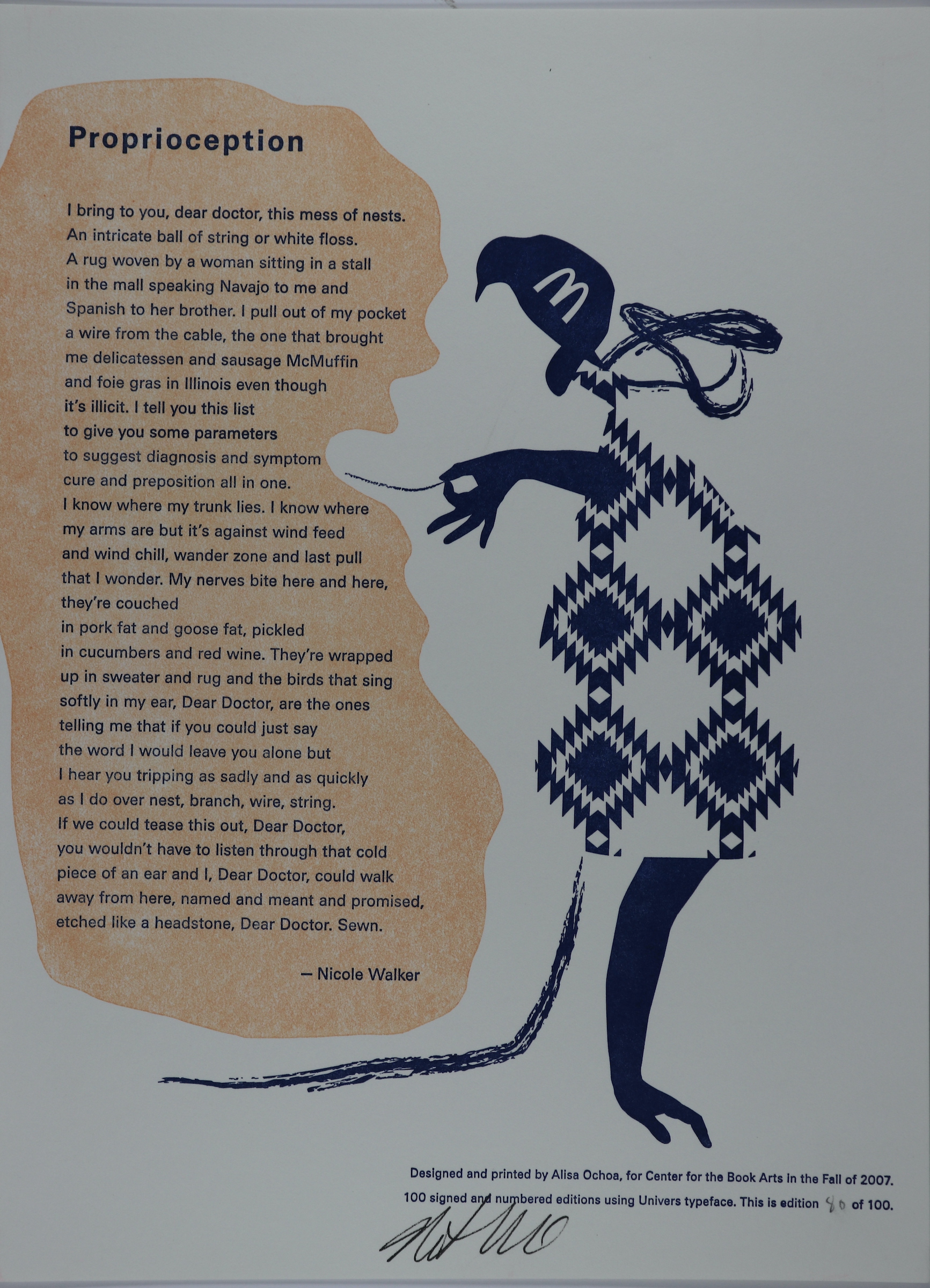 White background with an orange colored print to the left that has the title and body of the text in dark blue. To the right there is a drawn out figure of a woman in the same dark blue with what seems to be a white dress with dark blue patters, a blue hat with an "M" on it and an arm stretched out, pulling at a string from the orange text box. Her leg is replaced with an arm and hand and her other leg is instead strings.