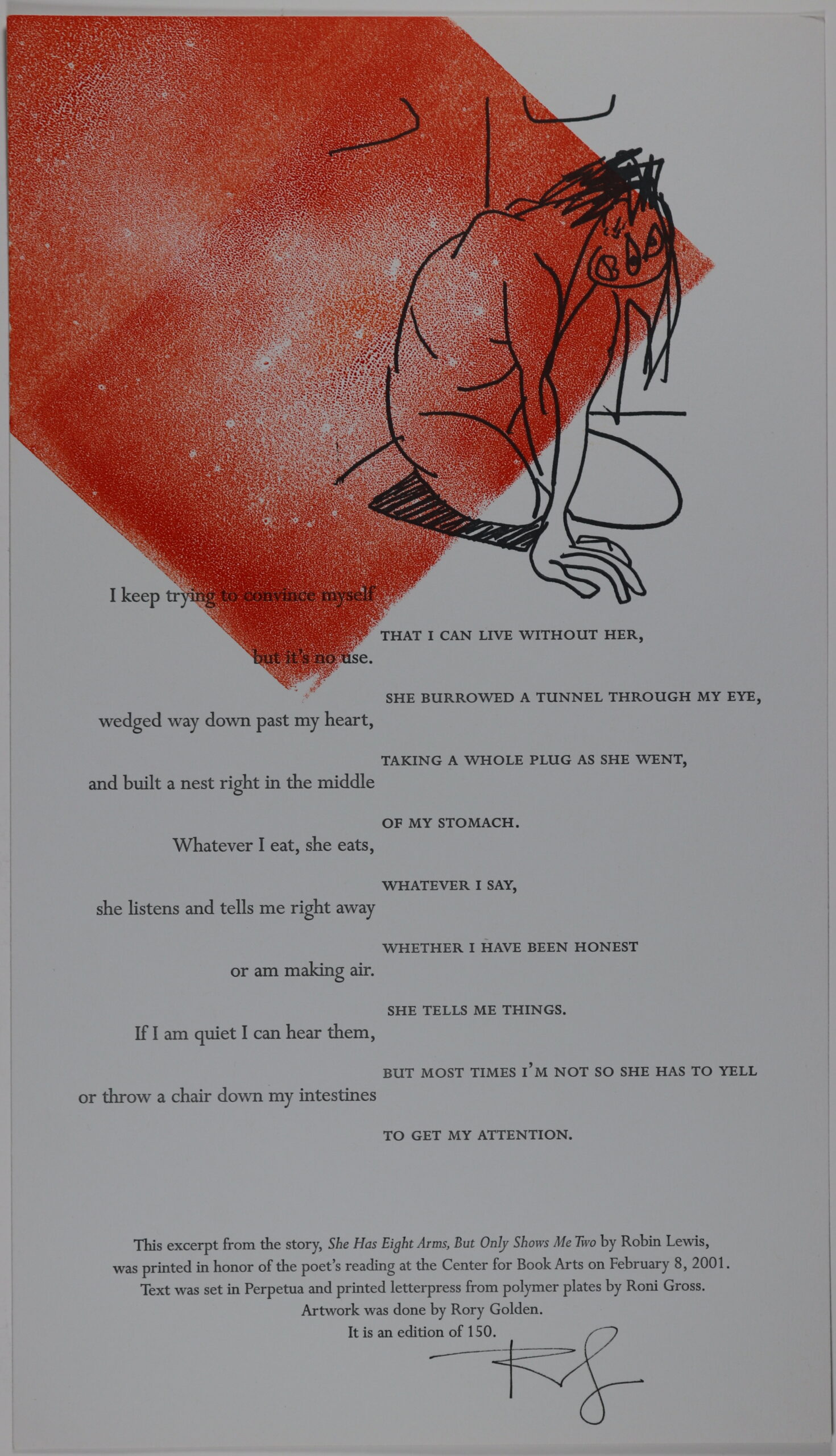 Broadside consists of a white background with a red drawn angled square above the piece, on top of that a black outlined drawing of a person bent on their knees with their eyes on top of one another, an open mouth, and their two arms crossed in front of them. Their hair is drawn as messy lines. The text is below the image in black colored font.