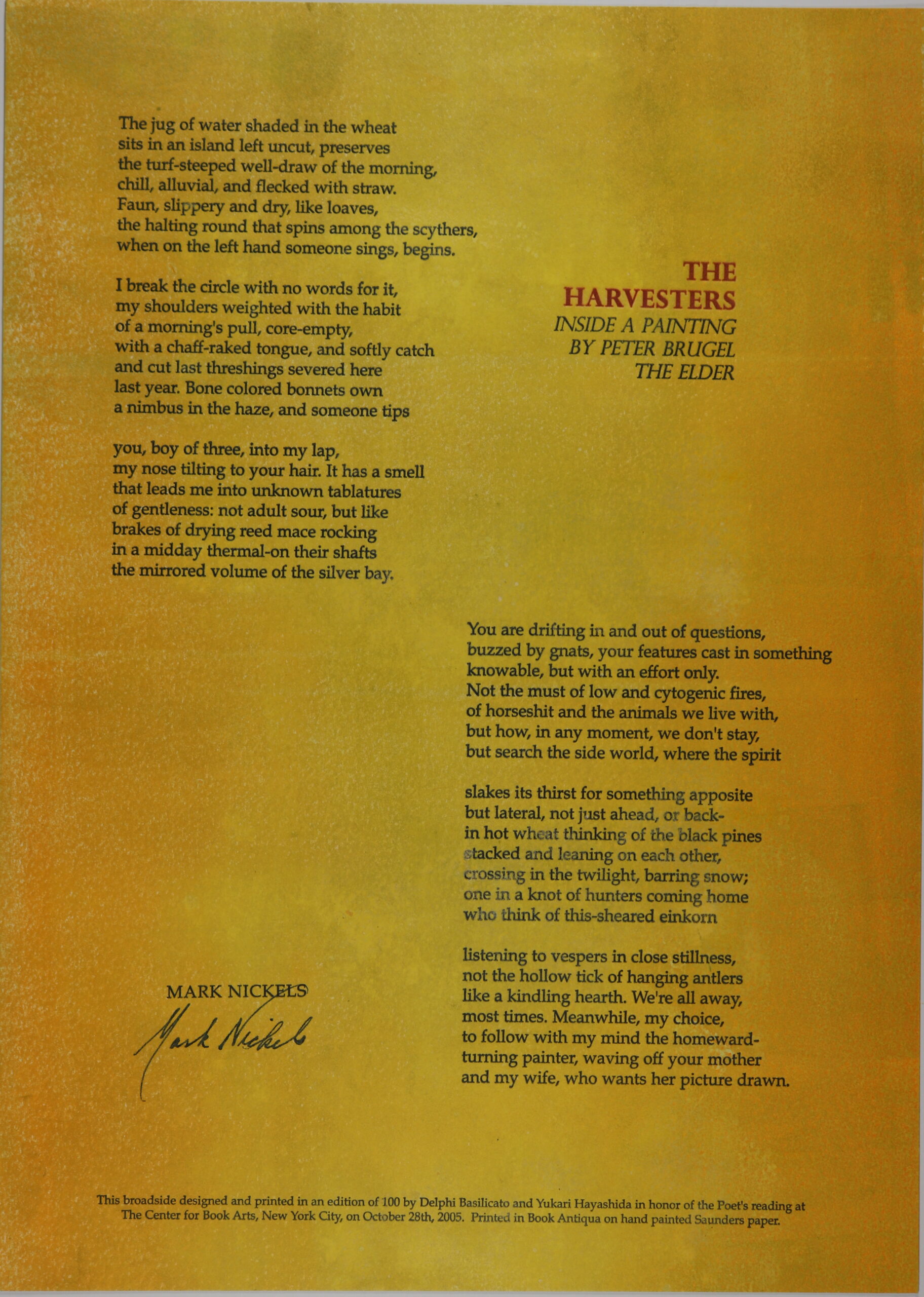 Orange colored background. Paragraphs of the poem lined as paragraphs on either side of the broadside.