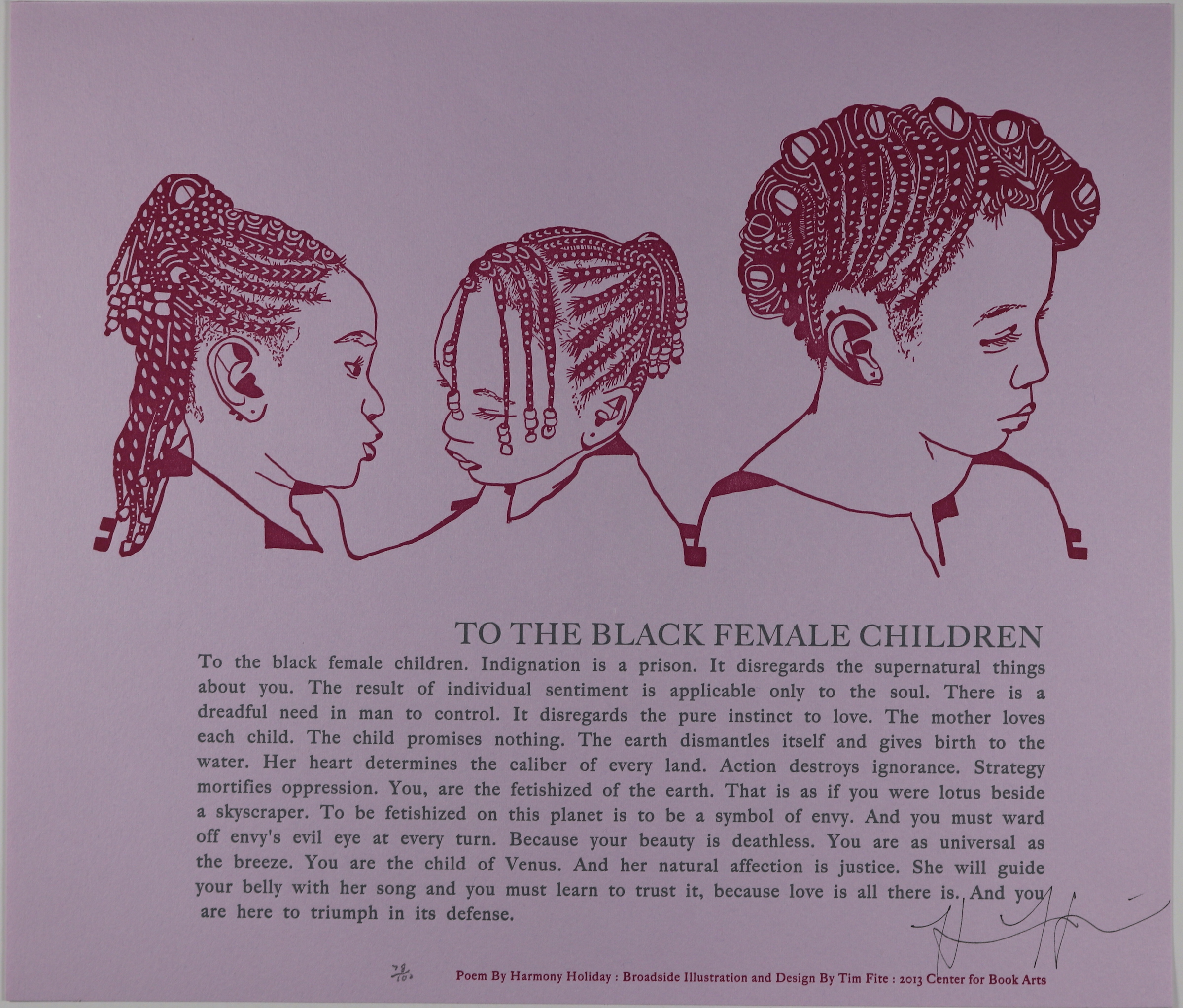 Broadside consists of a light purple background, the center focusing on the image of three young girls with different braided styles of hair. The bottom half of the broadside is the title with capital black letters and below the passage/poem formatted into a large paragraph.