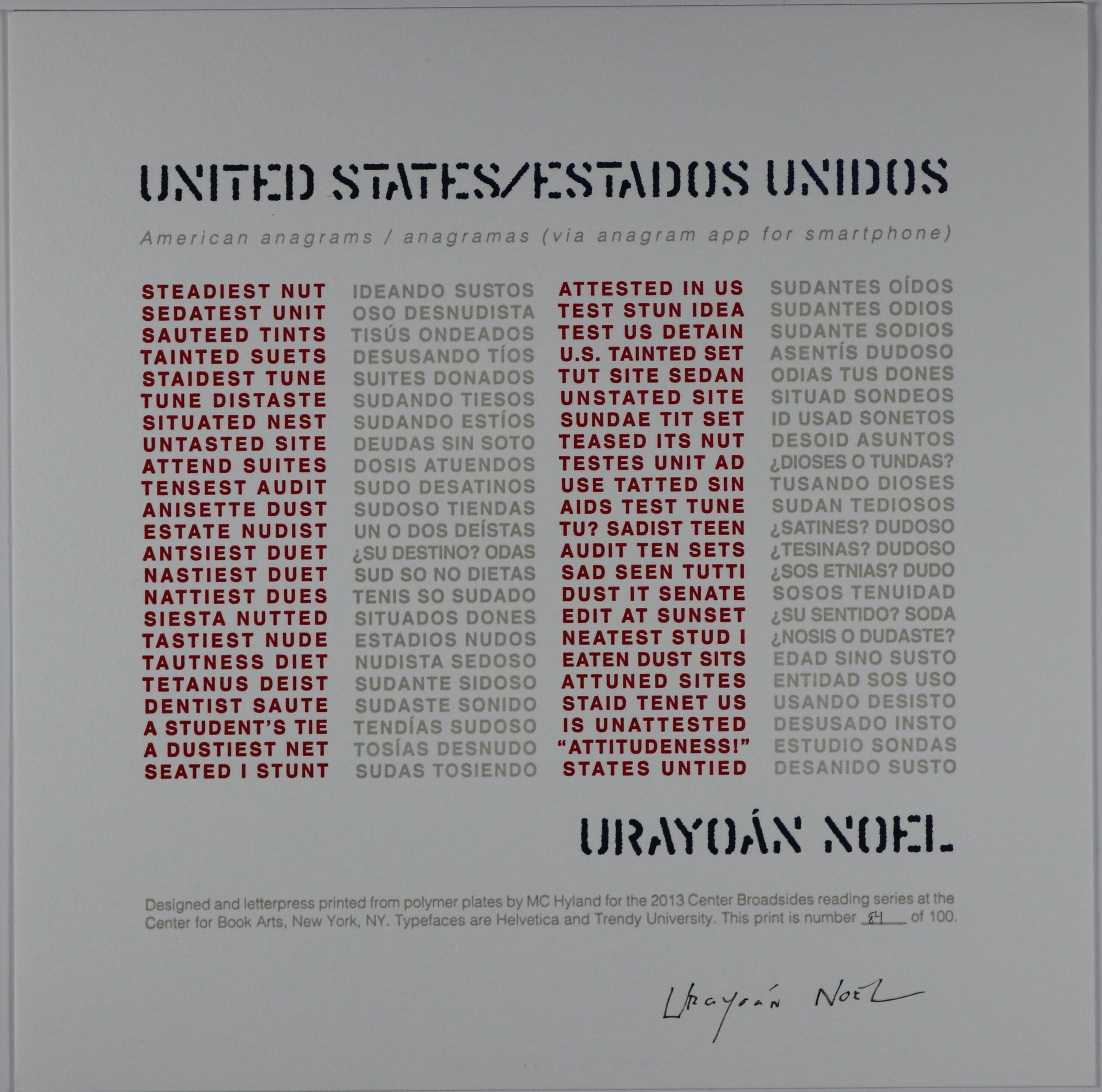 Broadside consists of a white background with the title in large, bold black letters on the top. Text and design is colored in red and gray, with a pattern of red, then following gray in long rectangular formatting. Text is centered on the broadside and takes up the majority of the size of the broadside.