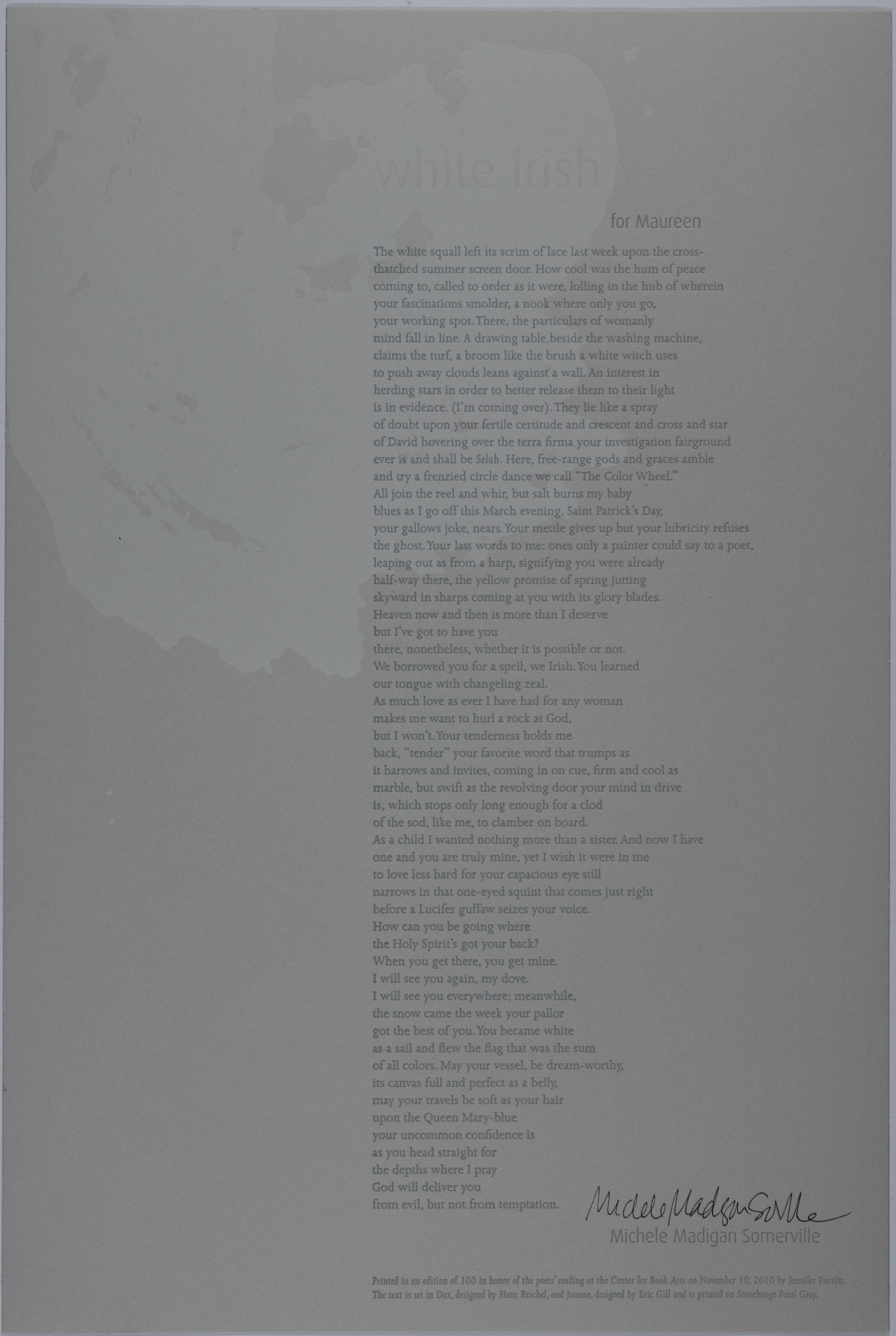 The broadside is long and rectangular in size, and consists of a light gray background, the text in a darker gray and smaller font, printed towards the right side of the broadside. The text is one long passage, going from the top to the bottom of the broadside. The background design is a white outline of Ireland, contrasted against the light gray. The title is printed against the image of the island, also in light gray.