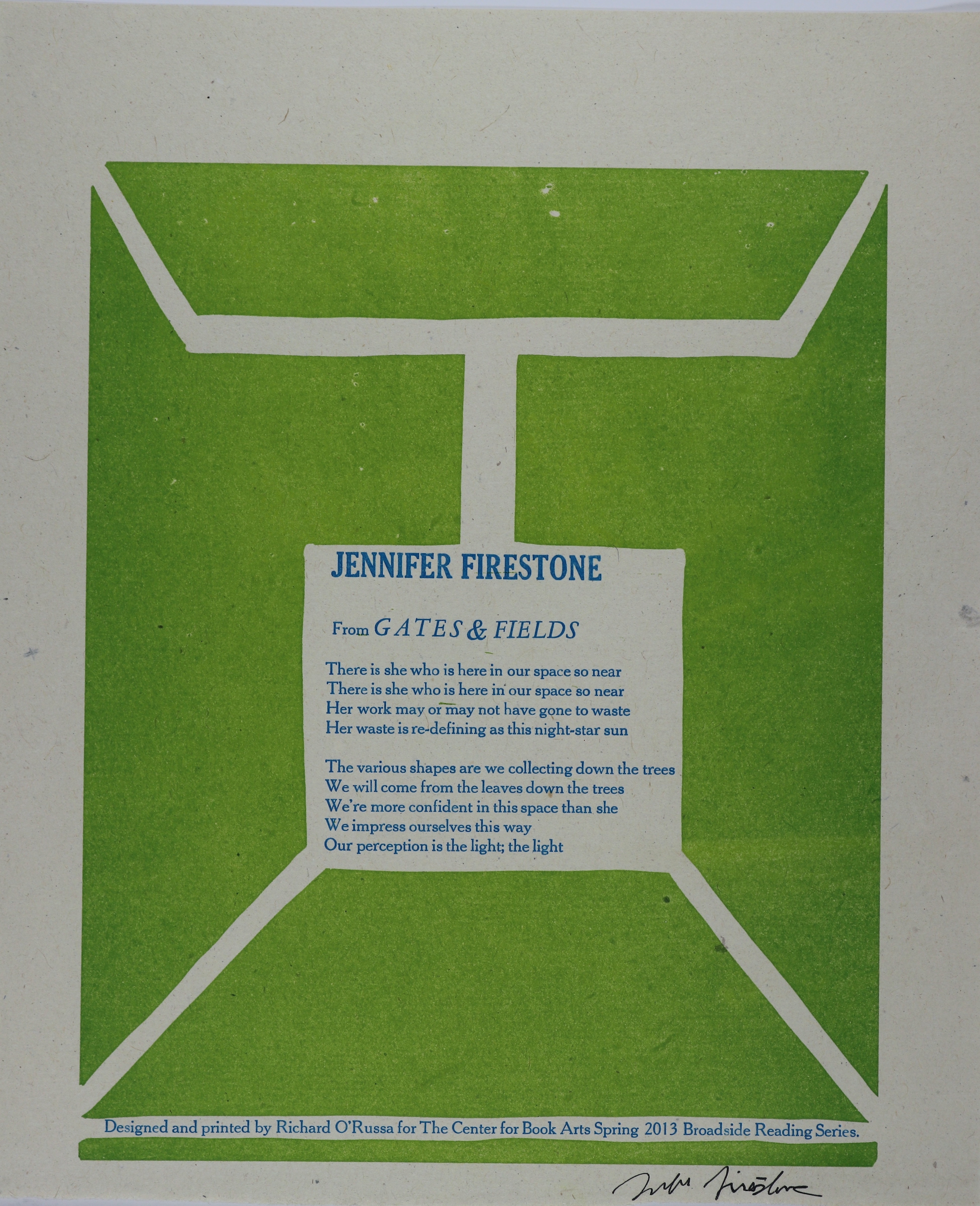 This broadside is long and rectangular in size, with a white background and slightly smaller, square design that is green in color, holding the title, text, and author’s name. The green square design also has a white line design on it, like a stick person with their arms and legs stretched out to the corners of the green box, but without a head. The text, title, and author’s name is inside another white box inside the green square, with the author’s name in bold, large, blue letters. Below that is the title, also in blue and capitalized, but still smaller than the author’s name. The text is smaller than both the title and author’s name, and is in blue, formatted into two paragraphs total.