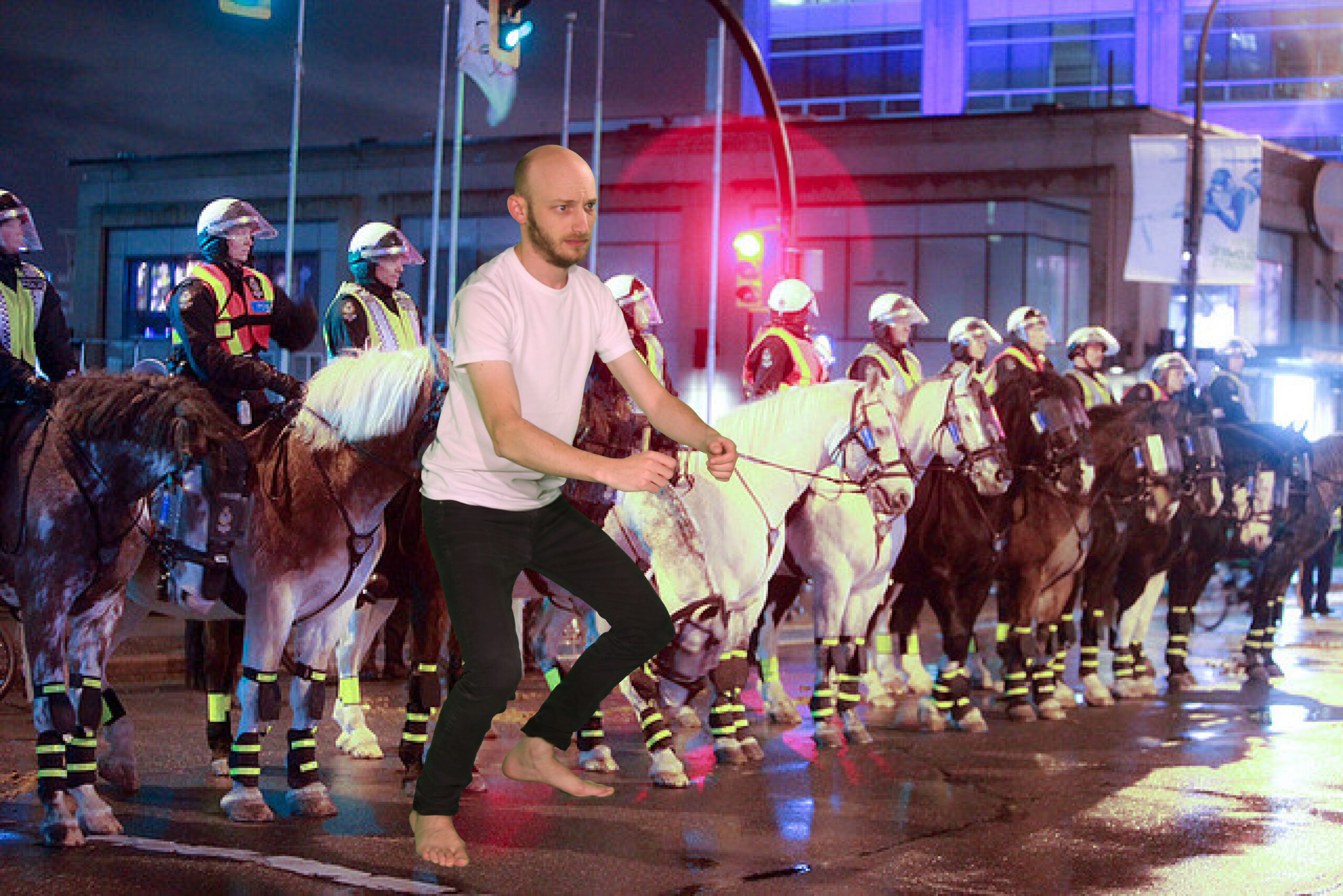 bald man pretends to ride a horse
