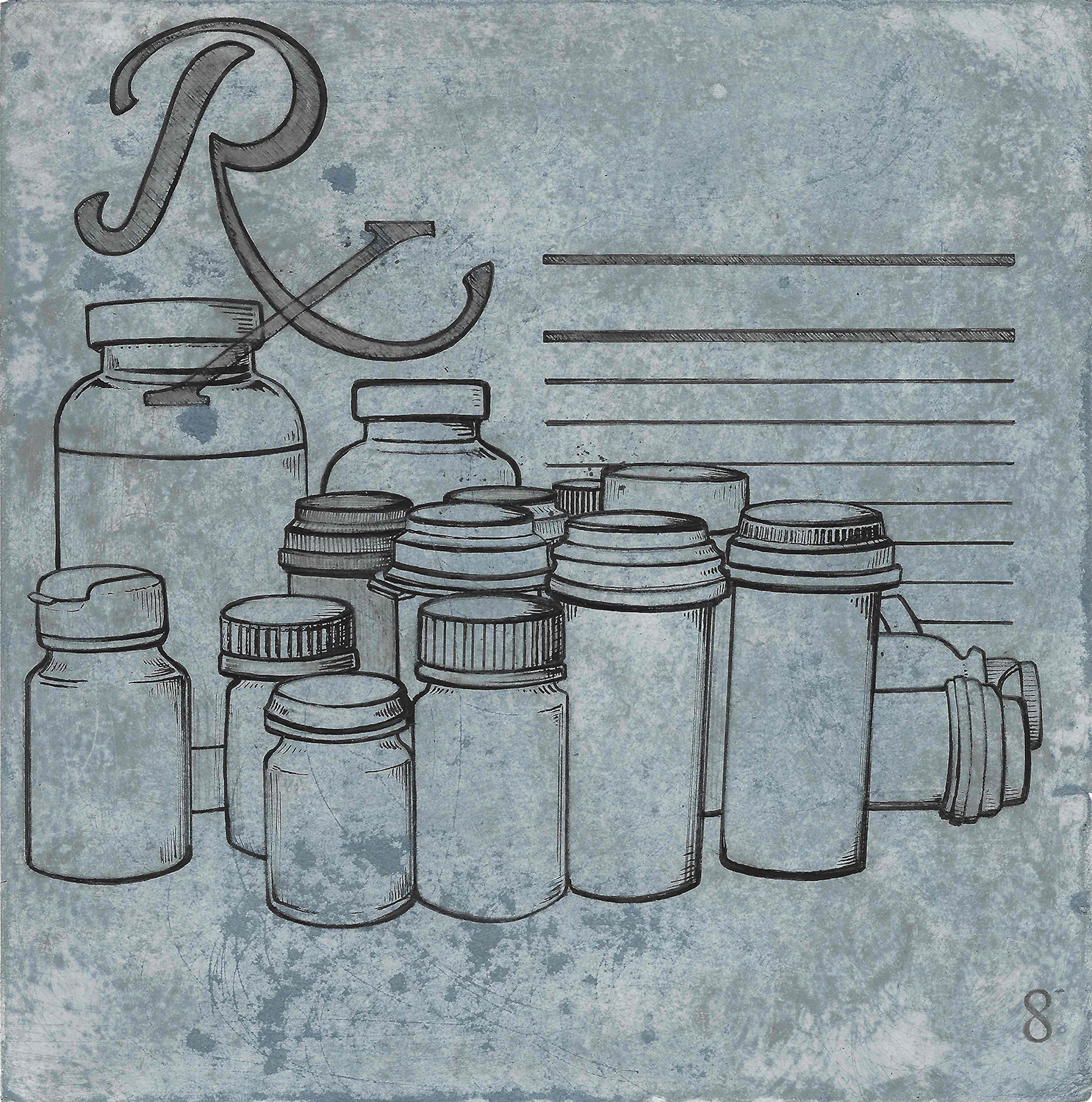 Print or illustrations with prescription symbol and medicine bottles