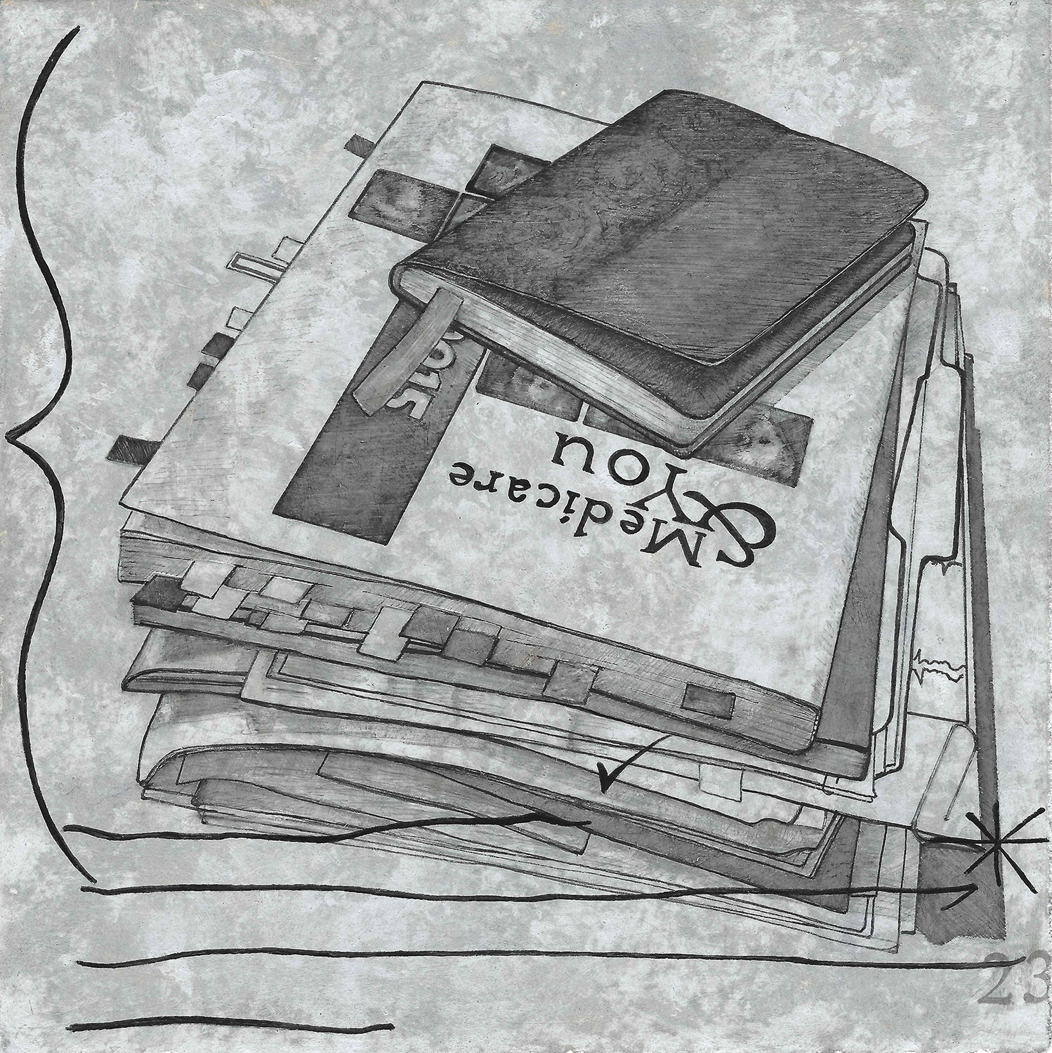 Black and white print or illustration with a stack of books