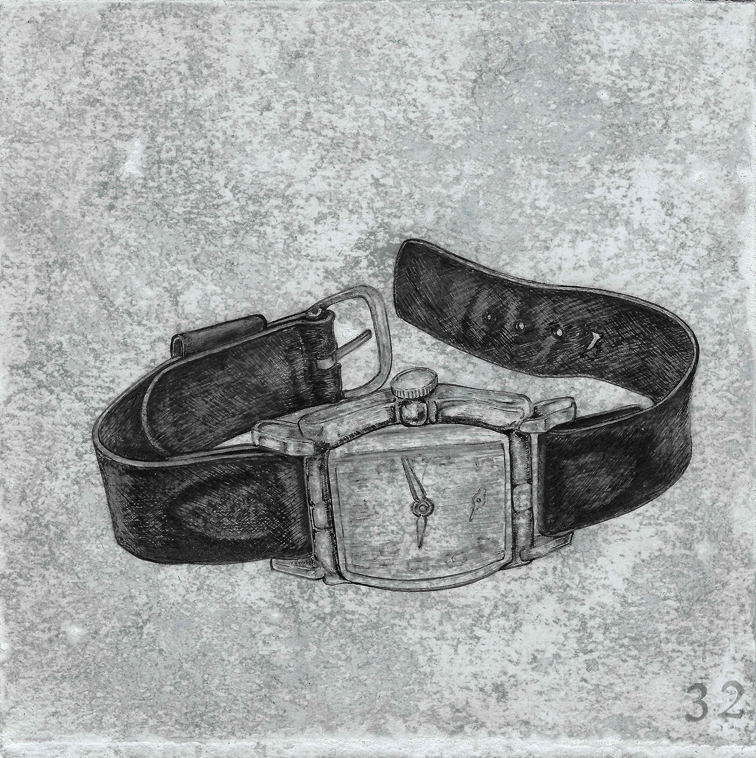 Black and white print with an analog wristwatch