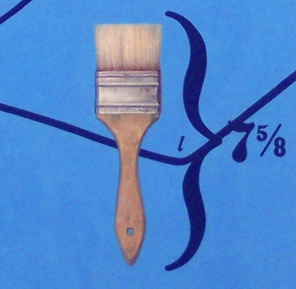 Blue background, black lines including a curly bracket around a square paintbrush
