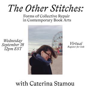 a flyer with a white background with the title, date and time of the program. in the center is a picture of Caterina smiling in a jacket on a beach with a ferris wheel in the background.